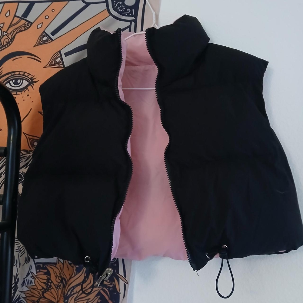 Women's Black and Pink Puffer Vest